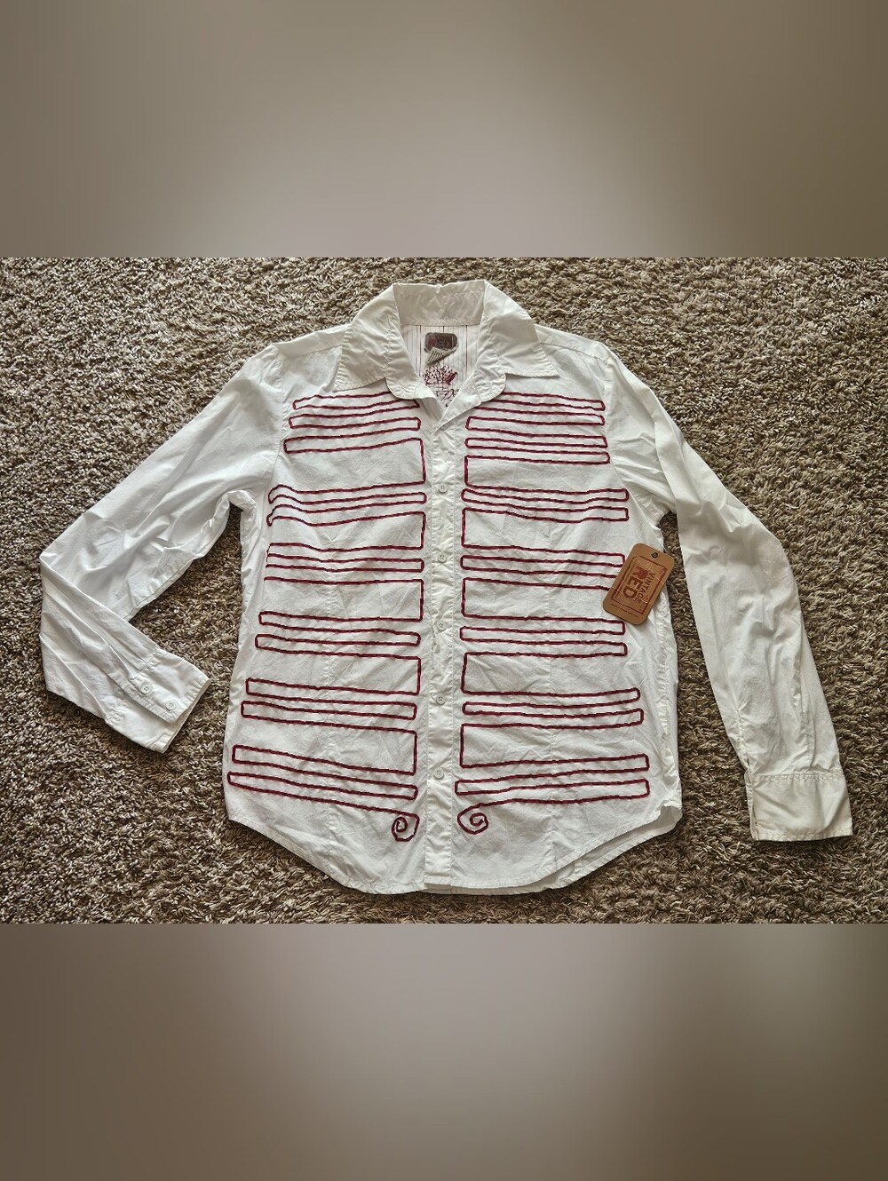 Vintage Red Men's White & Red Button-Up Shirt Embroidered Bird Size Large New